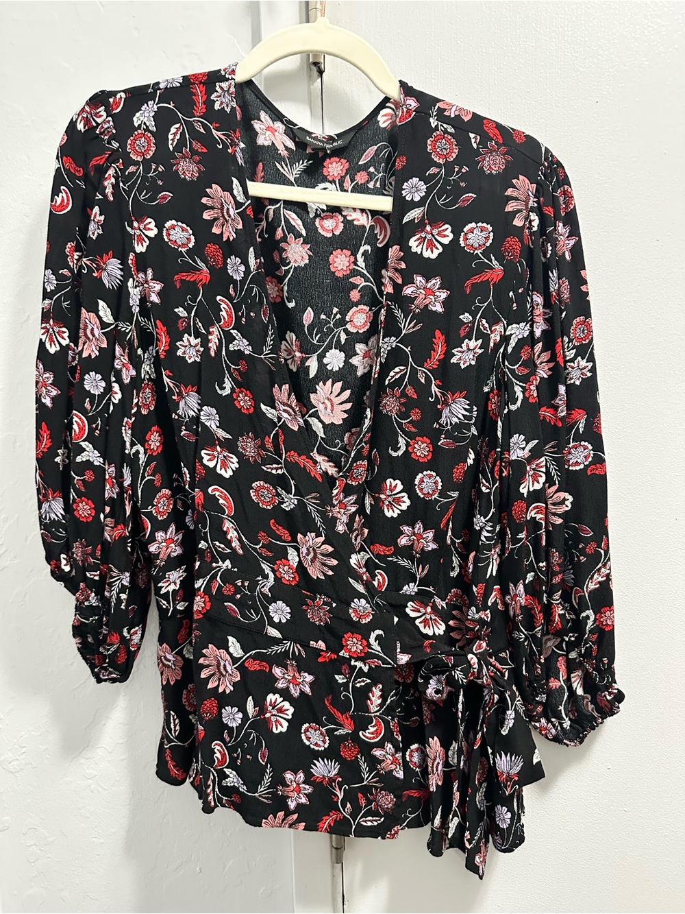 Banana Republic Black Floral Blouse with Red & Pink Accents